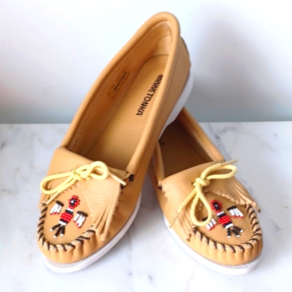 Minnetonka Tan Flats with Embroidered Design